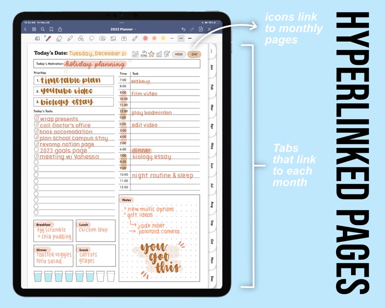 May include: Digital planner on a tablet screen, featuring a daily schedule with priorities and tasks. The planner includes sections for breakfast, lunch, and dinner, with the text "You got this." The planner has tabs for each month and icons linking to monthly pages.