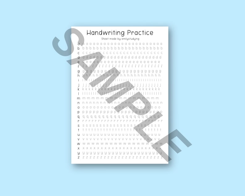 May include: A black and white printable handwriting practice sheet with the alphabet repeated multiple times. The sheet is titled "Handwriting Practice" and "Sheet made by emilystudying".