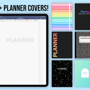 May include: An image showcasing various planner covers. The covers include a rainbow striped design, a black cover with the text "Planner Making This Year Mine", a black cover with the word "PLANNER" in orange, a composition book design, a starry night design, and a mint green grid design.