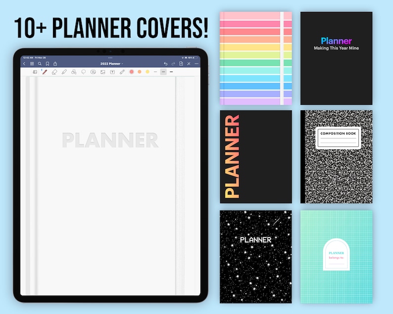 May include: An image showcasing various planner covers. The covers include a rainbow striped design, a black cover with the text "Planner Making This Year Mine", a black cover with the word "PLANNER" in orange, a composition book design, a starry night design, and a mint green grid design.