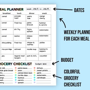 May include: A printable meal planner and grocery checklist with a colorful design. The planner includes a weekly meal plan for breakfast, lunch, dinner, and snacks. The grocery checklist includes a budget of $200 and a list of groceries to buy.