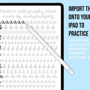 Pode incluir: Uma tela de tablet digital mostrando uma folha de letras de pr&aacute;tica de caligrafia moderna. As letras s&atilde;o escritas com tinta preta em um fundo branco. O texto na tela diz "Modern Calligraphy Sheet made by emilystudying". O texto no lado direito da tela diz "IMPORT THEM ONTO YOUR IPAD TO PRACTICE use writing apps such as goodnotes, notability, procreate, etc."