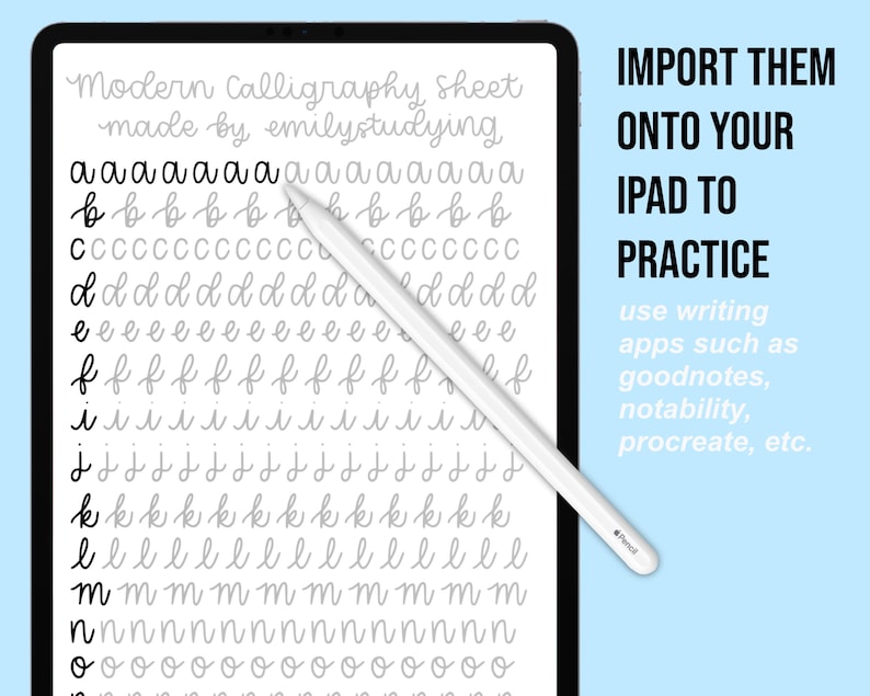 Pode incluir: Uma tela de tablet digital mostrando uma folha de letras de pr&aacute;tica de caligrafia moderna. As letras s&atilde;o escritas com tinta preta em um fundo branco. O texto na tela diz "Modern Calligraphy Sheet made by emilystudying". O texto no lado direito da tela diz "IMPORT THEM ONTO YOUR IPAD TO PRACTICE use writing apps such as goodnotes, notability, procreate, etc."
