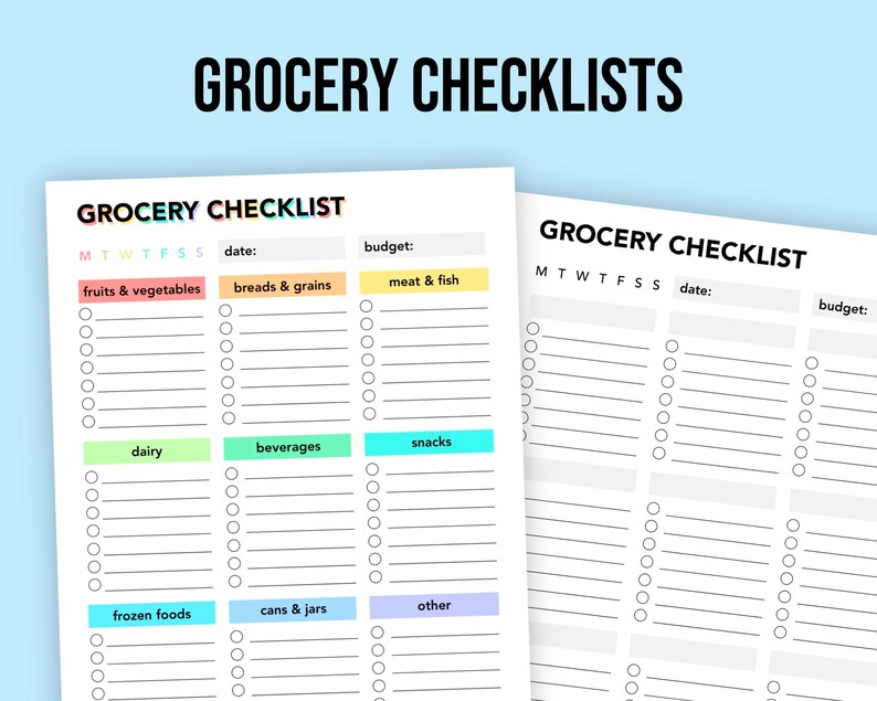 May include: Two printable grocery checklists with a white background and black text. The checklists are divided into categories such as fruits & vegetables, breads & grains, meat & fish, dairy, beverages, snacks, frozen foods, cans & jars, and other. Each category has a colored box with the category name. The checklists also include spaces for the date and budget.