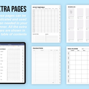 May include: A digital planner with various pages displayed, including a study timetable, reading log, and meal planner. The planner also features a year-in-pixels tracker and a transactions log. The text "EXTRA PAGES" is at the top.