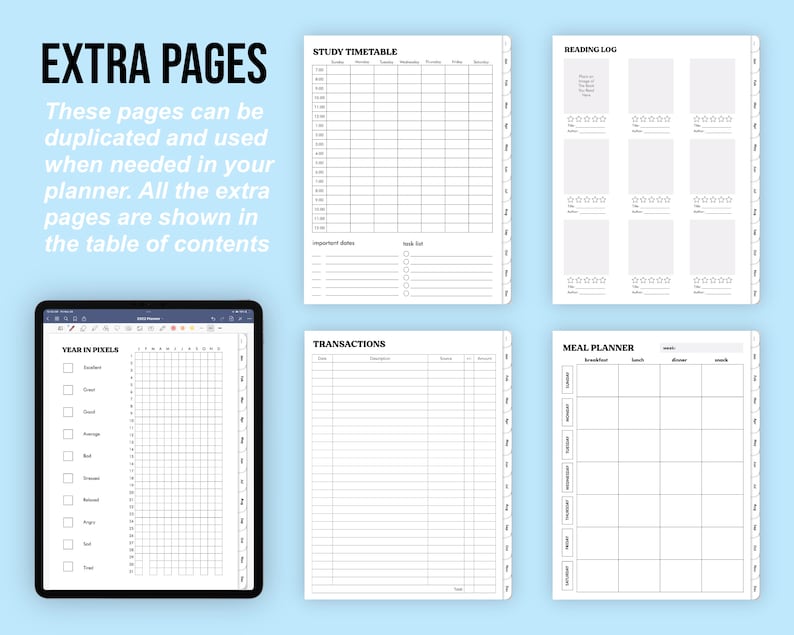 May include: A digital planner with various pages displayed, including a study timetable, reading log, and meal planner. The planner also features a year-in-pixels tracker and a transactions log. The text "EXTRA PAGES" is at the top.