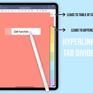 May include: A tablet computer with a pink screen displaying the text "Cell Function" and a white stylus. The right side of the screen has a vertical row of colored tabs. The tabs are hyperlinked and lead to different sections of the notebook.