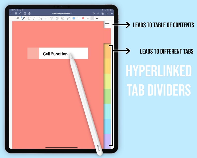 May include: A tablet computer with a pink screen displaying the text "Cell Function" and a white stylus. The right side of the screen has a vertical row of colored tabs. The tabs are hyperlinked and lead to different sections of the notebook.