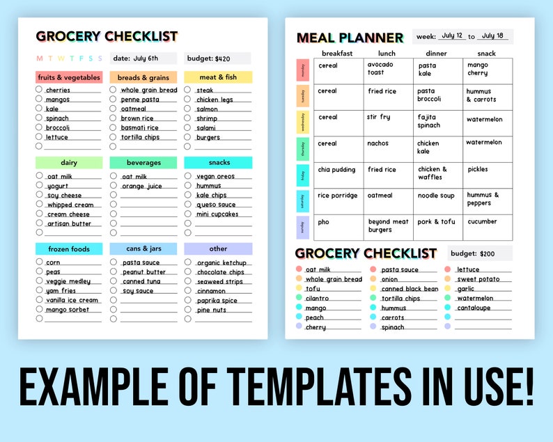 May include: A printable grocery checklist and meal planner template. The grocery checklist is divided into sections for fruits and vegetables, breads and grains, meat and fish, dairy, beverages, cans and jars, frozen foods, and other. The meal planner is divided into sections for breakfast, lunch, dinner, and snack. The meal planner includes a list of foods for each meal, and the grocery checklist includes a list of items to buy for each category.