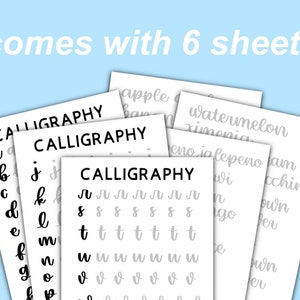 May include: Six sheets of calligraphy practice paper with the words "CALLIGRAPHY" and various letters and words printed in gray on a white background. The text "comes with 6 sheets" is printed in gray on a light blue background.