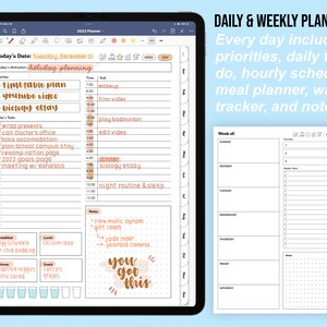 May include: A digital planner displayed on a tablet, featuring daily and weekly layouts. The screen shows a detailed schedule with priorities, tasks, and meal planning sections. Text on the screen reads "Daily & Weekly Planners" and "You Got This."