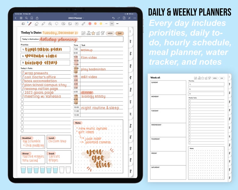 May include: A digital planner displayed on a tablet, featuring daily and weekly layouts. The screen shows a detailed schedule with priorities, tasks, and meal planning sections. Text on the screen reads "Daily & Weekly Planners" and "You Got This."