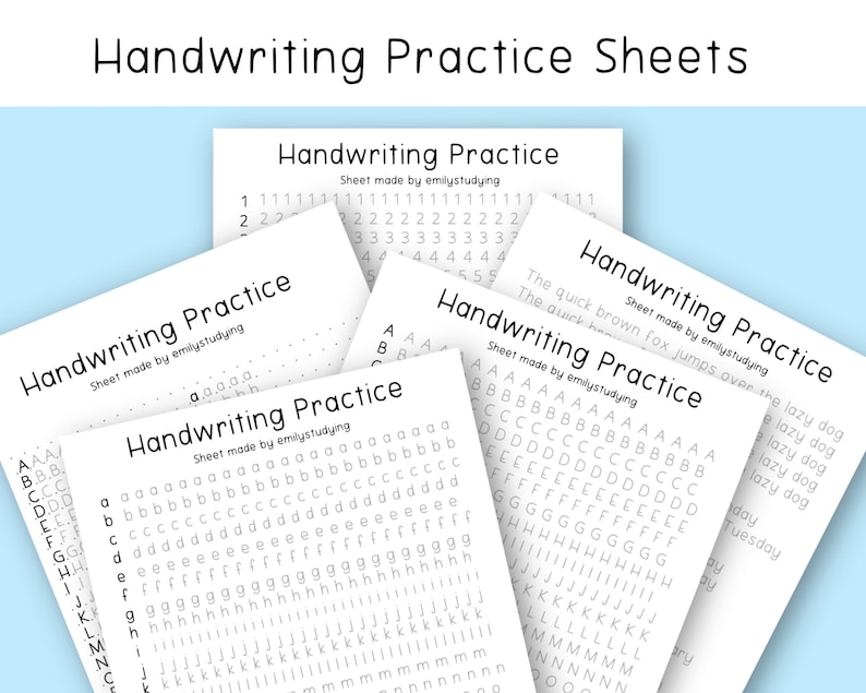May include: Five printable handwriting practice sheets with dotted lines for tracing letters. Each sheet features a different letter of the alphabet, with the letter repeated multiple times on each sheet. The sheets are titled "Handwriting Practice" and include the text "Sheet made by emilystudying".