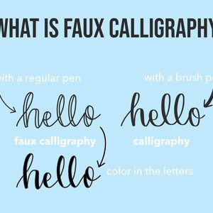 May include: An illustration showing the difference between faux calligraphy and real calligraphy. The word "hello" is written three times. The first "hello" is written with a regular pen and is labeled "faux calligraphy". The second "hello" is written with a brush pen and is labeled "calligraphy". The third "hello" is written with a regular pen and has the words "color in the letters" written next to it.