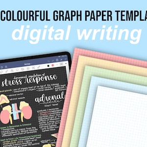 May include: A digital tablet displaying a diagram of the adrenal glands and their role in the stress response. The diagram is drawn in pink, yellow, and blue. The text on the screen reads "hormonal regulation of stress response". The tablet is on a blue background with a stack of colorful graph paper templates in the upper right corner.