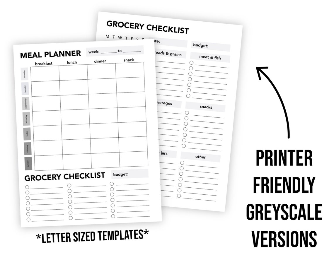 Meal Prep Planner &amp; Grocery Checklist Printable Digital | Etsy
