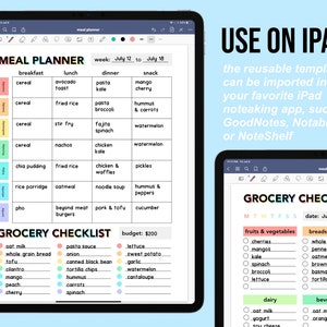 May include: A digital meal planner template for iPad with a grocery checklist. The meal planner includes a weekly menu with breakfast, lunch, dinner, and snack options. The grocery checklist includes sections for fruits and vegetables, breads and grains, dairy, and beverages.