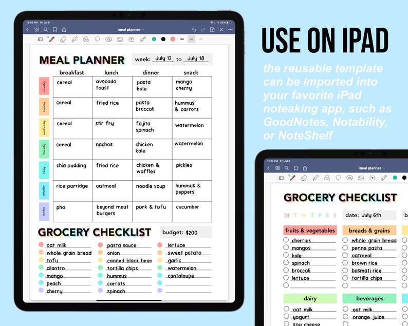 May include: A digital meal planner template for iPad with a grocery checklist. The meal planner includes a weekly menu with breakfast, lunch, dinner, and snack options. The grocery checklist includes sections for fruits and vegetables, breads and grains, dairy, and beverages.