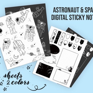 May include: Black and white digital sticky notes featuring astronaut and space illustrations. The notes include a variety of shapes, including banners, circles, and rectangles. The text "ASTRONAUT & SPACE DIGITAL STICKY NOTES" is at the top of the image.