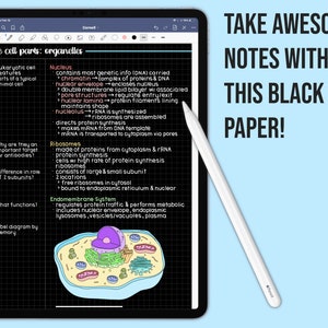 May include: A black and white illustration of a cell with labeled organelles, including the nucleus, ribosomes, and endoplasmic reticulum. The text "the cell parts: organelles" is at the top of the image. The text "TAKE AWESOME NOTES WITH THIS BLACK PAPER!" is in the upper right corner of the image.
