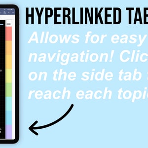 May include: A screenshot of a digital notebook app with colorful tabs on the side. The text "HYPERLINKED TABS" is at the top of the screen. The text "Allows for easy navigation! Click on the side tab to reach each topic" is below the title. The tabs are labeled with terms related to cell biology, such as "chromosomes", "ribosomes", and "vesicles".
