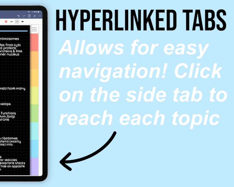 May include: A screenshot of a digital notebook app with colorful tabs on the side. The text "HYPERLINKED TABS" is at the top of the screen. The text "Allows for easy navigation! Click on the side tab to reach each topic" is below the title. The tabs are labeled with terms related to cell biology, such as "chromosomes", "ribosomes", and "vesicles".