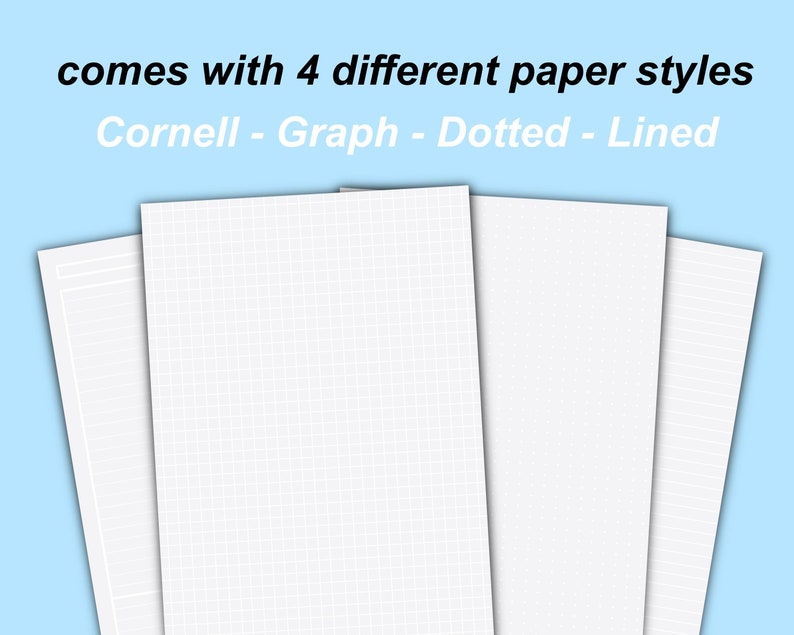 K&ouml;nnte beinhalten: Vier verschiedene Papierstile: Cornell, Graph, Gitter und Linien. Das Papier ist wei&szlig; und hat einen hellblauen Hintergrund.