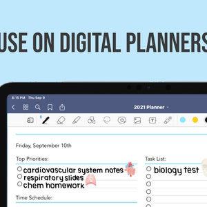 May include: A digital planner on a laptop screen with a blue background. The planner is for September 10th and includes a task list with the item "biology test" checked off. The planner also includes a section for top priorities with the items "cardiovascular system notes", "respiratory slides", and "chem homework" listed.