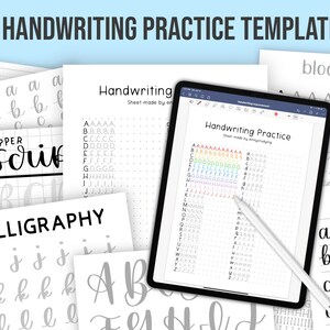 May include: A collection of 10 handwriting practice templates. The templates include calligraphy, upper script, and block letter styles. A tablet displays a handwriting practice sheet with colorful letter guides. The text on the top says "10 HANDWRITING PRACTICE TEMPLATES!"