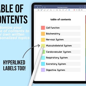 May include: A digital tablet screen displaying a table of contents for a physiology notebook. The table of contents includes topics such as cell function, biochemistry, nervous system, musculoskeletal system, cardiovascular system, respiratory system, excretory system, and digestive system. Each topic is color-coded with a different pastel color.