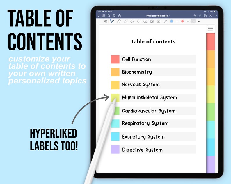 May include: A digital tablet screen displaying a table of contents for a physiology notebook. The table of contents includes topics such as cell function, biochemistry, nervous system, musculoskeletal system, cardiovascular system, respiratory system, excretory system, and digestive system. Each topic is color-coded with a different pastel color.