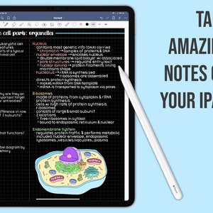 May include: A digital illustration of a cell with labeled organelles, including the nucleus, ribosomes, and endomembrane system. The text "Take Amazing Notes On Your iPad" is displayed in the upper right corner of the image.