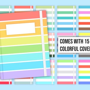 May include: A set of 15 colorful notebook covers with a rainbow stripe design.  The covers are all the same size and shape, and they have a white label on the front.  Comes with 15 colorful covers.