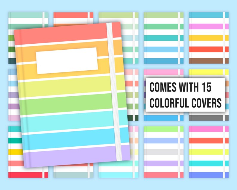 May include: A set of 15 colorful notebook covers with a rainbow stripe design.  The covers are all the same size and shape, and they have a white label on the front.  Comes with 15 colorful covers.