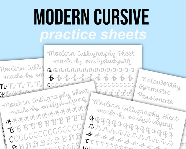 Pode incluir: Um conjunto de folhas de pr&aacute;tica de caligrafia cursiva imprim&iacute;veis. As folhas apresentam o alfabeto em cursiva, com cada letra repetida v&aacute;rias vezes. O t&iacute;tulo das folhas &eacute; "Modern Cursive Practice Sheets".