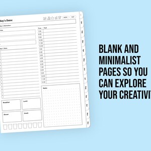 May include: A white planner page with a daily schedule layout, including sections for tasks, priorities, and notes. The text "BLANK AND MINIMALIST PAGES SO YOU CAN EXPLORE YOUR CREATIVITY!" is displayed on a light blue background.