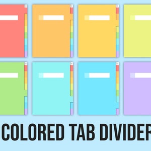 May include: Eight colorful tab dividers with blank white labels. The dividers are in the following colors: coral, orange, yellow, green, light green, light blue, purple, and lavender.