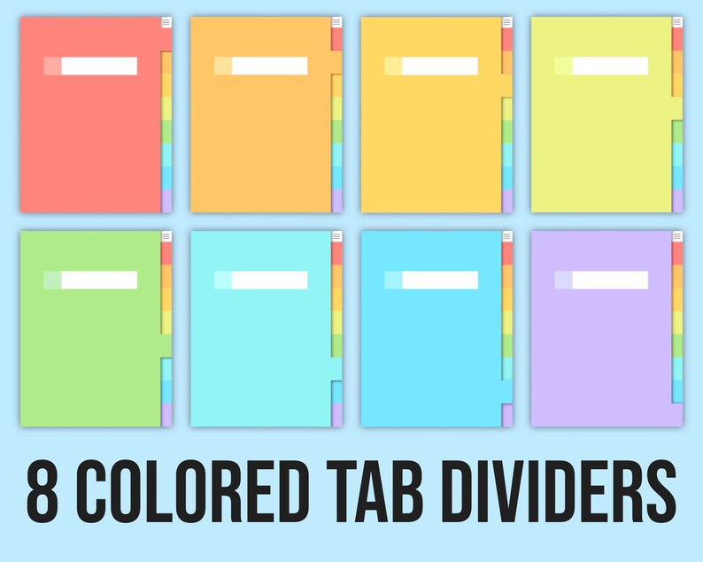 May include: Eight colorful tab dividers with blank white labels. The dividers are in the following colors: coral, orange, yellow, green, light green, light blue, purple, and lavender.