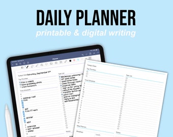 May include: A digital daily planner on a tablet screen with a checklist and time schedule. The planner is titled "Daily Planner" and has the text "printable & digital writing".