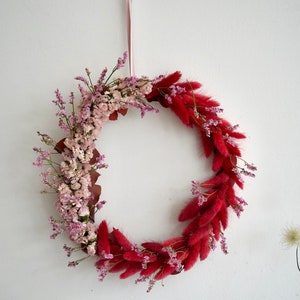 Spring Pink & Red Flower Wreath, Bunny tail grass, Statice, Limonium, Pink Dried Flowers, Wreath, Gift image 1