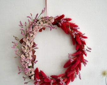Spring Pink & Red Flower Wreath, Bunny tail grass, Statice, Limonium, Pink Dried Flowers, Wreath, Gift