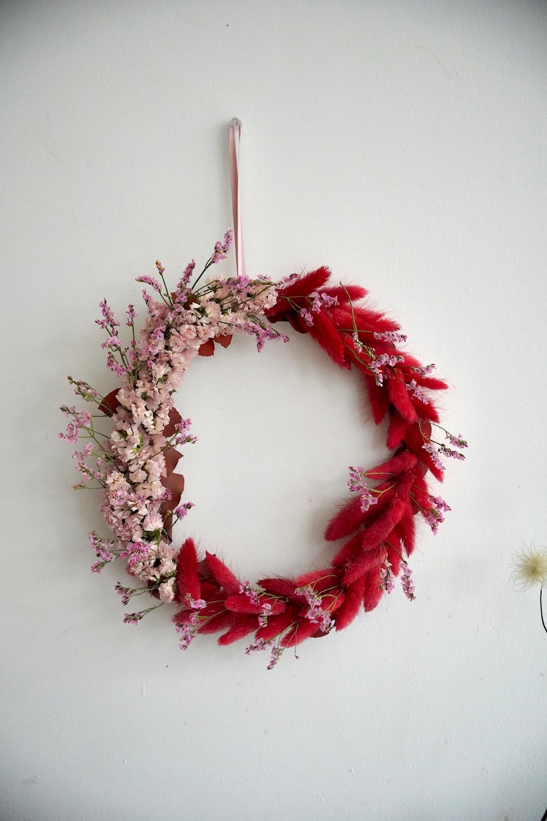 Spring Pink & Red Flower Wreath, Bunny tail grass, Statice, Limonium, Pink Dried Flowers, Wreath, Gift image 1