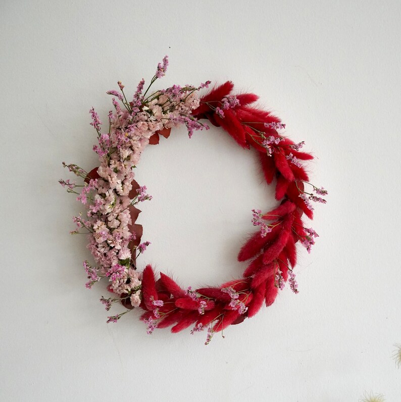 Spring Pink & Red Flower Wreath, Bunny tail grass, Statice, Limonium, Pink Dried Flowers, Wreath, Gift image 3