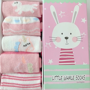 Mädchensocken | Babysocken | Kindersocken | Einhorn Socken | Weihnachtsgeschenk Socken | Gestreifte Socken | Regenbogensocken, 5 Paar, Geschenkpaket, rosa