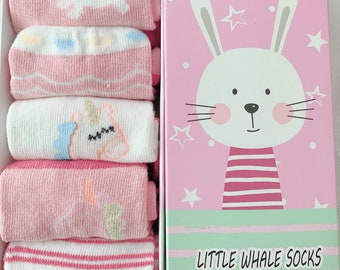 Calcetines de niña / Calcetines para bebés / Calcetines para niños pequeños / Calcetines de unicornio / Calcetines de regalo de Navidad / Calcetines a rayas / Calcetines rainbow, 5 pares, paquete de regalo, rosa