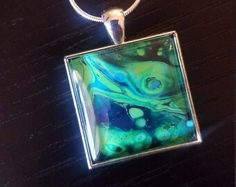 Purple,and White Fluid Art Circle Pendant Necklace Blue