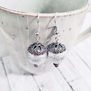 Round Silver Dangle Earrings - Silver Beads Earrings - Decorative Bead Caps - Statement Earrings - Silver Boho Earrings - Simple Dangle
