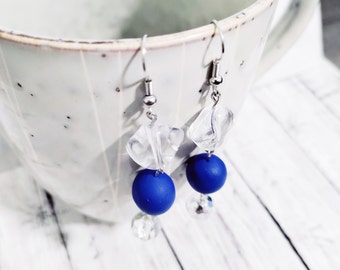 Long Blue and Silver Dangle Earrings - Multiple Beads Earrings - Deep Blue Polymer Clay Bead - Clear Beads - Statement Earrings, Clay Beads