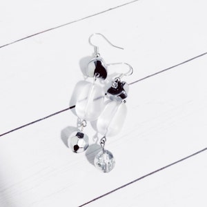 Long Silver and Clear Dangle Earrings - Multiple Beads Earrings - Transparent Beads - Organic Shaped Beads - Statement Earrings - Elegant