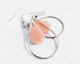 Light Pink Glitter Earrings, Pink Rose Gold Teardrop Earrings, Silver Wire Earrings, Shiny Translucent Earrings, Teardrop Dangle Earrings